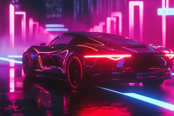A detailed shot of neon lights flickering and pulsating in rhythm with music or sound transforming the car into a mobile dance floor.